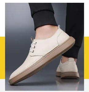 Detailed side profile view of breathable cream cowhide leather men's casual shoes with soft sole