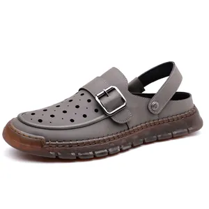 Comfortable men's grey hollow-out summer sandals with adjustable buckle strap and soft sole