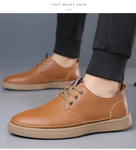 Detailed view of men's premium brown cowhide leather casual shoes on a model feet