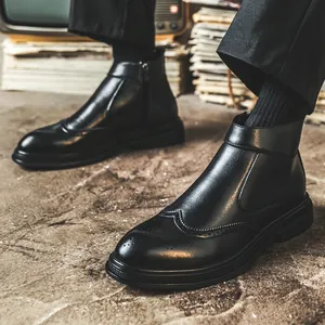 Classic men's black leather brogue martin boots with retro perforated detail