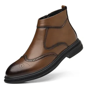 Classic brown leather men's Brogue ankle boots with wingtip detail and side zipper