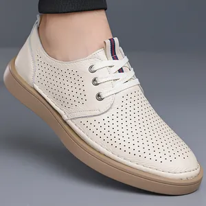 Men Cowhide Casual Leather Shoes Summer Breathable Hollow Out Derby Shoes Soft Sole Non-slip White Brown Flat Sneakers