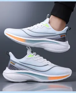 Detailed side view of white breathable mesh athletic shoes for men with colorful accents