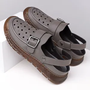 Men's grey breathable clogs with soft anti-slip soles and adjustable buckles for summer.