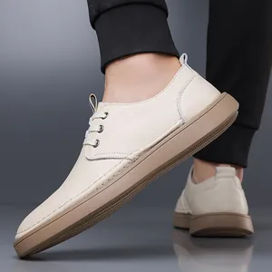 Men's breathable off-white cowhide casual leather shoes with soft non-slip sole for summer