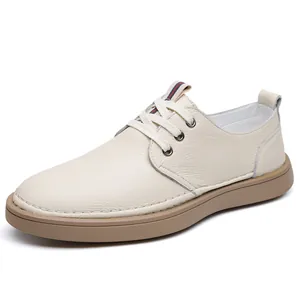 Men's breathable off-white leather casual shoes with soft non-slip sole
