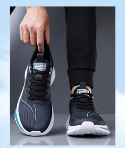 Front close-up view of men's lightweight breathable dark blue mesh athletic sneakers