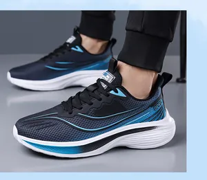 Close-up of men's breathable blue mesh running shoes with white cushioned sole.