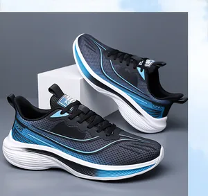 Side detail of breathable navy blue mesh sneakers with lightweight thick white soles