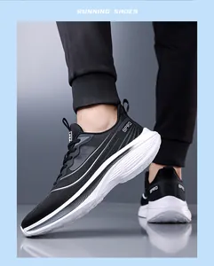 Detail view of mens breathable mesh running shoes featuring thick cushioned white soles