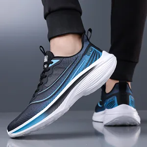 Breathable blue mesh men's athletic sneakers with thick cushioned white sole for sport