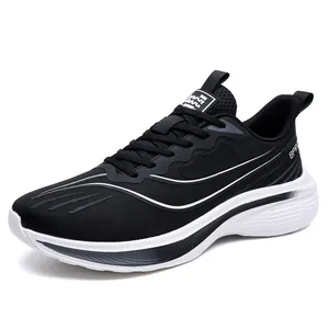 Breathable black and white mesh sports sneakers for men with lightweight thick sole