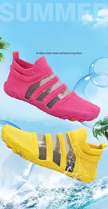 Detailed macro view showing the breathable mesh texture of pink and yellow water shoes