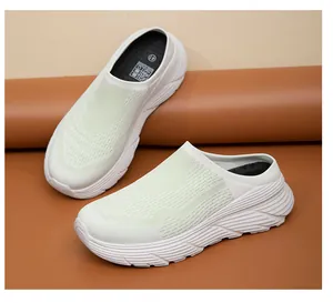 Close-up detail of lightweight breathable mesh mule sneakers with thick white sole