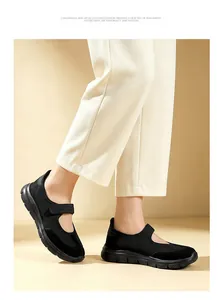 Chaussures de marche Mary Jane noires pour femmes avec bride velcro et tige en mesh