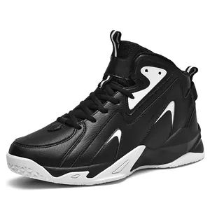 Schwarz-weiße High-Top-Basketballschuhe mit stoßdämpfendem Leder-Obermaterial für Herren.