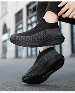 Close-up detailed view of black breathable flyknit sock sneakers for men and women