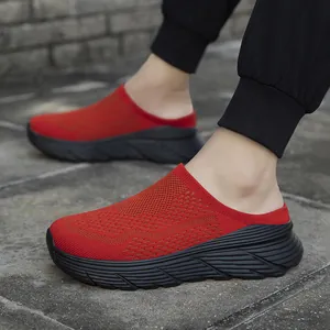 Breathable red mesh slip-on outdoor mules with comfortable thick black platform sole