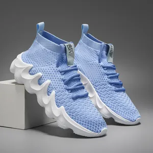 Light blue breathable knit running shoes for men with wavy white sole design