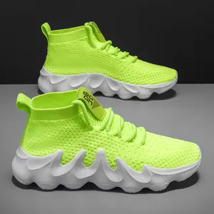 Breathable neon green flyknit high-top sneakers with white chunky wavy sole for men