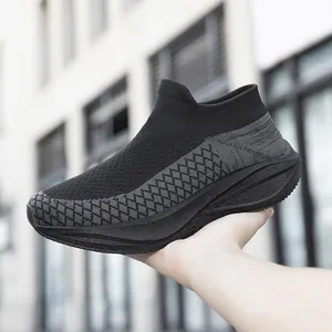 Lightweight black fly-knit mesh sock shoes with breathable design and thick sole for unisex