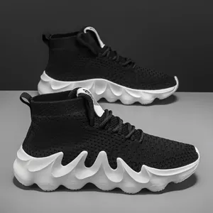 Breathable black fly-knit men's running sneakers with stylish wavy white thick soles