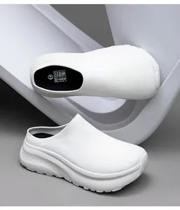 Detail view of white thick-sole casual sock mules with textured fabric upper.
