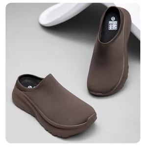 Comfortable brown knit slip-on mules with thick cushion sole for casual daily wear