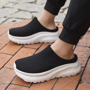 Casual black knitted slip-on sock slippers with thick white soles for men and couples