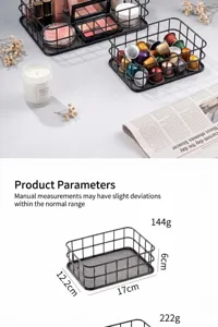 Minimalist black iron wire storage basket showing 17x12.2x6cm dimensions and 144g weight