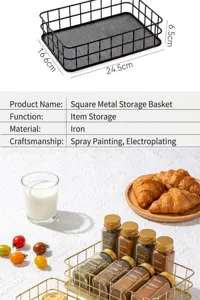 Details of a rectangular iron mesh storage basket showing dimensions and a kitchen usage scene