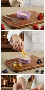 Action shots of purple silicone mini cake mold used for sauces and desserts
