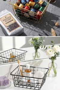 Versatile wire storage basket organizer shown in bathroom and kitchen settings
