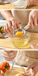 Actiefoto van de roestvrijstalen eierscheider en aardappelstamper in een keuken.