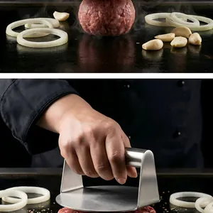 Close-up of a stainless steel burger press flattening a meat patty on a griddle