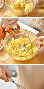 Actiefoto's van professionele roestvrijstalen aardappelstamper en garde in een keukenomgeving