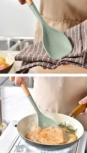 Heat-resistant green silicone spatula and slotted spoon with ergonomic wooden handles