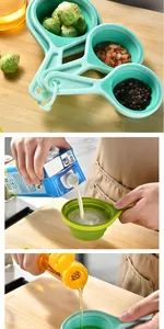 Detail of collapsible silicone measuring cups being used for pouring milk and oil
