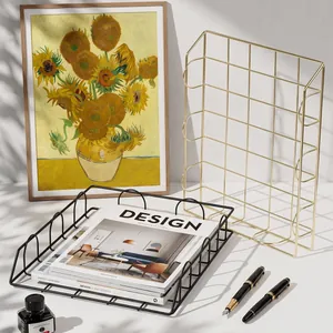 Modern minimalist wire mesh desktop file organizer set in gold and black metal finishes