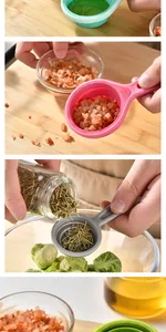 Close-up detail of colorful collapsible silicone measuring spoons with capacity scales