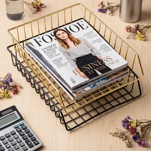Stackable gold and black iron wire storage baskets for office desk organization