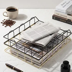 Modern metal wire desk organizer for office documents and books in black and gold