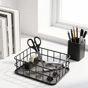 Minimalist black metal mesh desk organizer basket for office supplies and home
