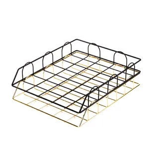 Sleek black and gold iron wire desk organizer basket for office files and books