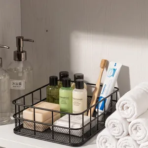 Black iron wire storage basket for bathroom countertop organization