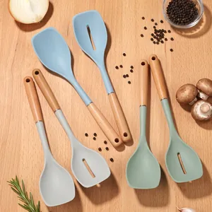 6-piece heat-resistant silicone kitchen utensil set with natural wooden handles