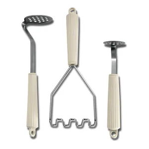 Profi-Set aus drei Kartoffelstampfern aus Edelstahl mit ergonomischen cremefarbenen Griffen