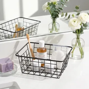 Modern black wire storage basket ideal for bathroom countertop and vanity organization
