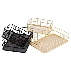 Set of minimalist iron wire storage baskets in black and gold for desk organization