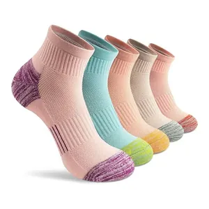 Close-up of breathable mesh ankle socks in various colors for running and fitness.